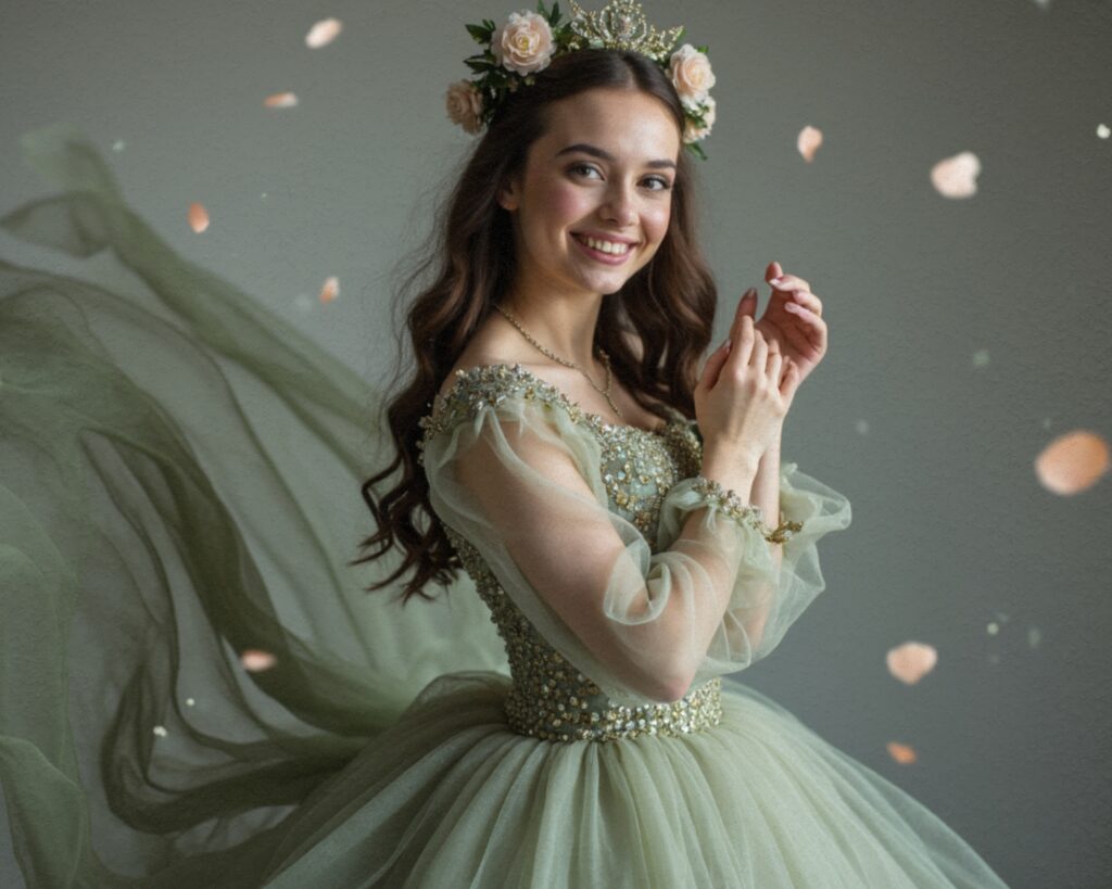 Editorial portrait featuring curated gowns and headpieces | Portrait éditorial avec robes et coiffes artisanales